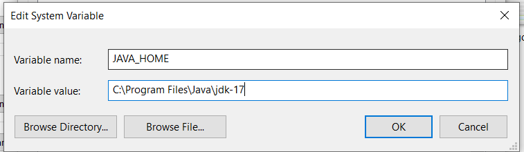 Windows Edit System Variable dialog showing a Java home variable name and its installation path value
