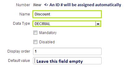 Meta field form with Name Discount, Data Type DECIMAL, Display order 1 and an empty Default value
