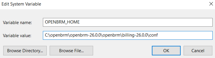 Windows Edit System Variable dialog showing a OPENBRM_HOME variable name and its  path value