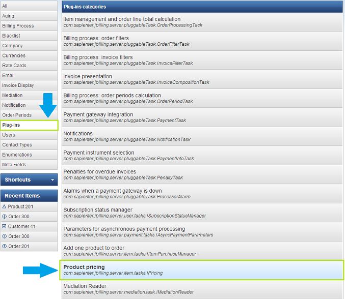 Configuration sidebar and the full list of plug-in categories with Product pricing highlighted